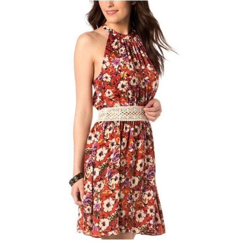 NWT Miss Me Floral Halter Blousen Dress Crochet Sz Large 6741 Spring Summer
